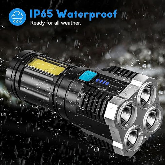 4 in 1 LED Torch Lights Rechargeable Emergency Torch Light 3W USB Charge Flashlight - High Power Long Distance Beam Range 4 Modes Torch for Outdoor, Indoor, Hiking, Walking