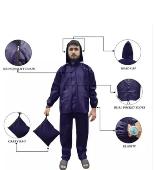 Polyester Full Sleeves Rainsuit Set for Men (Navy Blue, L)