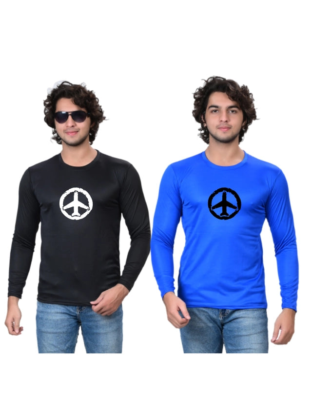 Cotton Blend Round Neck Printed T-Shirt for Men (Black & Blue, S) (Pack of 2)