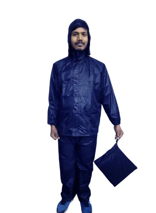 Polyester Full Sleeves Rainsuit Set for Men (Navy Blue, L)
