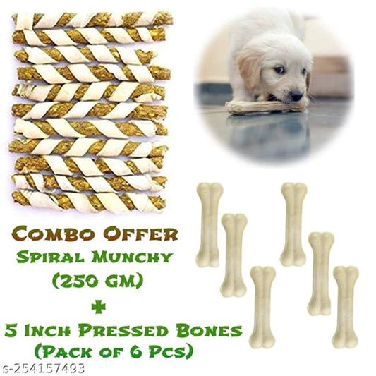Chicken Flavour Spiral Munchy (250 g) with 6 Pcs Rawhide Dog Bones (Set of 2)