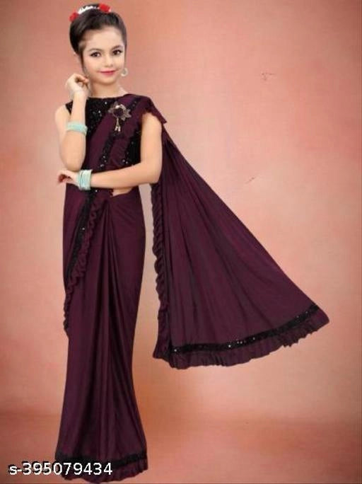 Lycra Solid Saree for Girls (Wine, 4-5 Years)